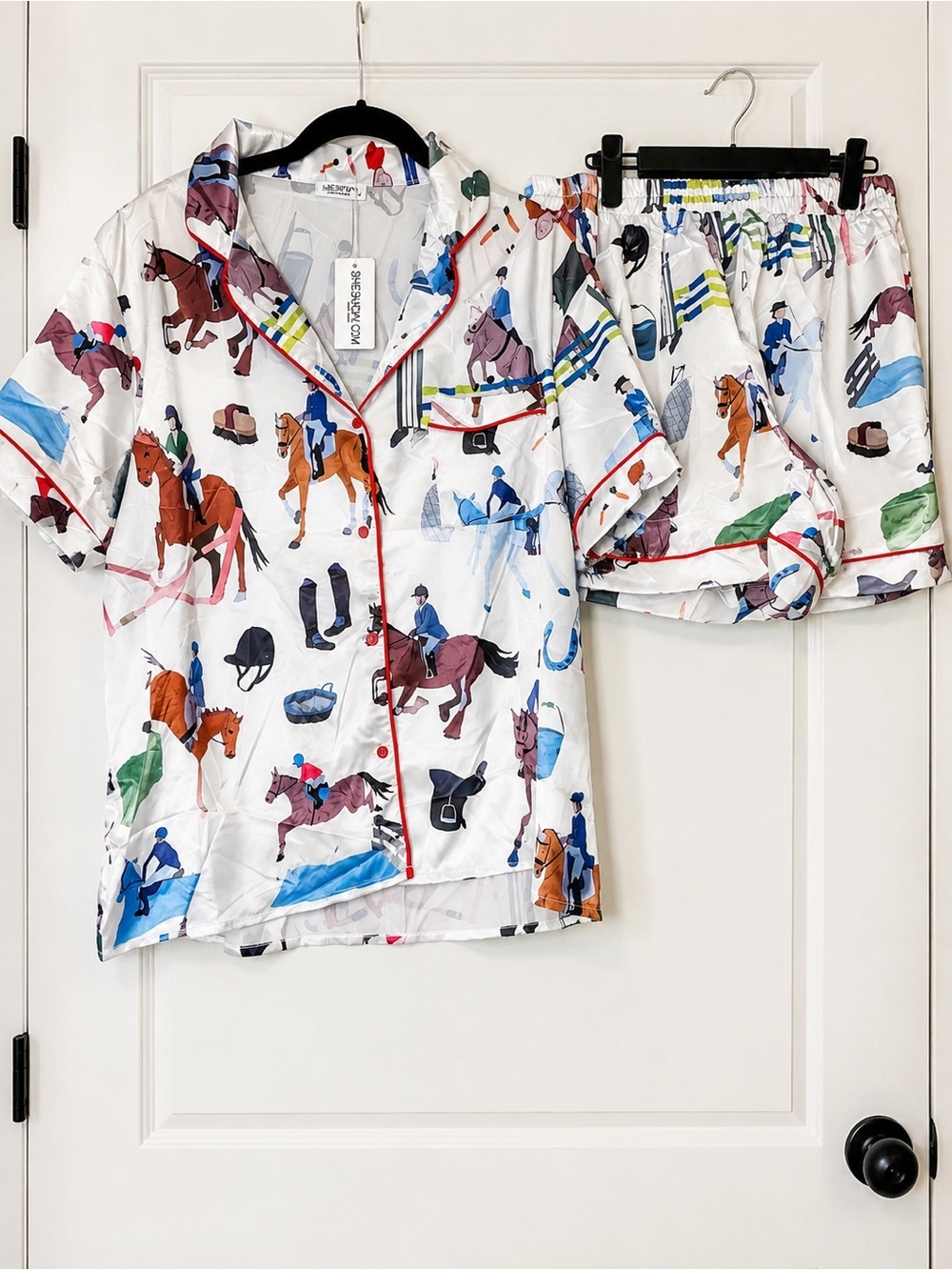 Sheshow Equestrian Horse Print Satin Pajama Set XL Western Cowgirl Short Sleeve